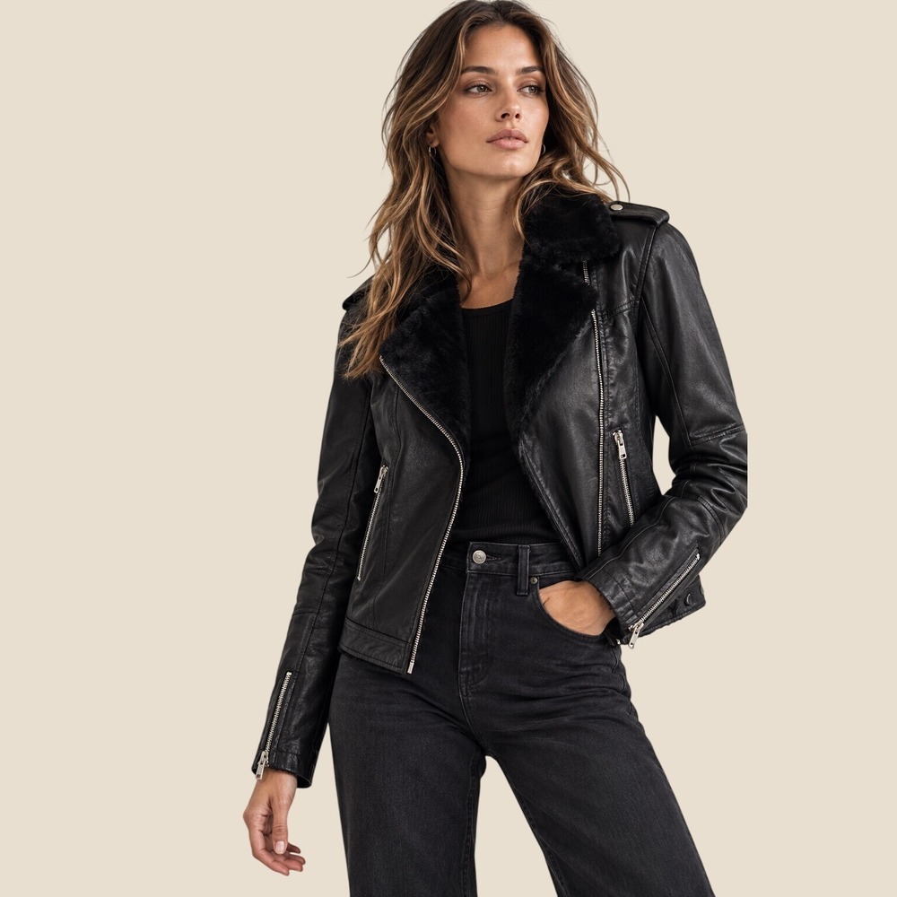 Baccini Moto Faux Leather Jacket Size M Black Faux Leather Fur Trim Biker